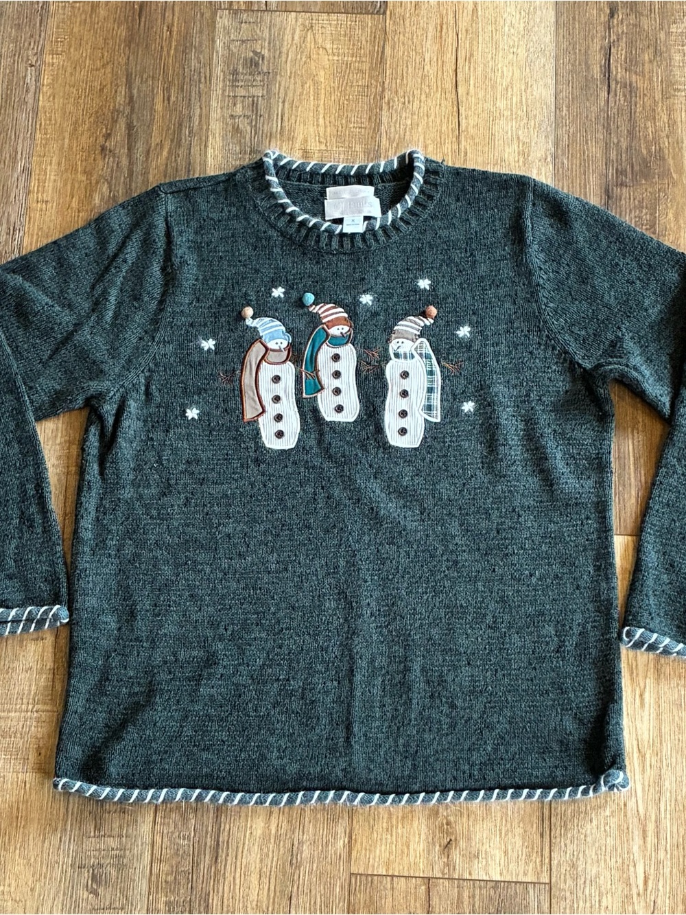 CJ Banks Hand Embroidered Snowman Sweater Marled Green Womens XL 90s Y2K Ramie